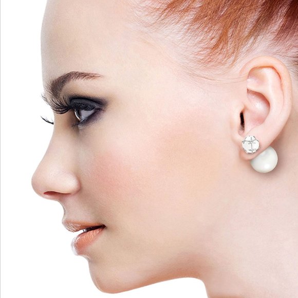 14K. SOLID GOLD TRIBAL DOUBLE SHELL PEARLS AND OPALS STUD EARRINGS (White Gold) - Picture 2 of 6